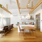 家の雰囲気の決め手となっている、アーコール家具が引き立つリビングダイニング