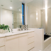 白で統一した浴室洗面にもグリーンを添えて