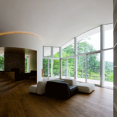 曲面壁の間からリビングへ向かう