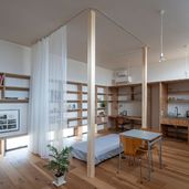 今の天井高は3,150mm。2本の独立柱を拠り所に大きなワンルームを小さな6つの帯域に性格付ける。