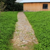 緑を分けて続くポーチ