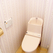 ピンク色のトイレとゴールド色の金物