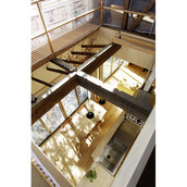 吹抜けから1階キッチンダイニングを見る