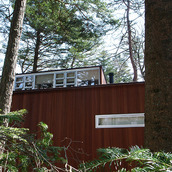 景色に馴染む木目調の外壁