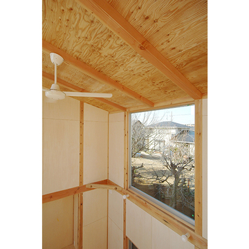 吹き抜け上部のはめ殺し窓から覗く風景