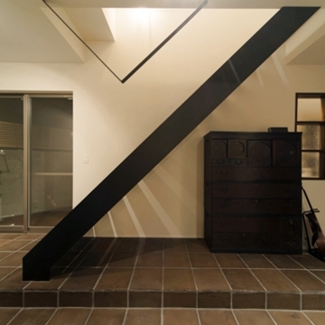 アンティーク家具を置いた階段下土間