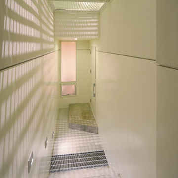 磨りガラスから光が入る地下階段