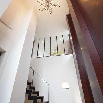 階段が敷地の高低差を解消するのと同時に、魅せる空間作りに活かされている