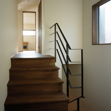 古い洋館に佇む空気のような、踊り場から見た和みを感じる階段