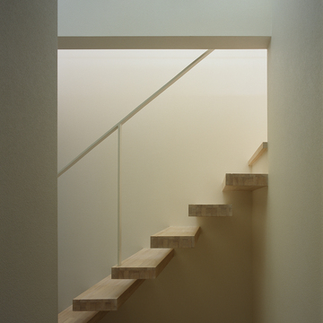 厚みのある集成材でできた、壁から生える階段のような佇まい