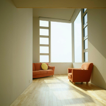 天井の高いリビングの角を2面開放し、窓から差し込む陽射