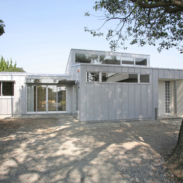 大きなクスノキの横から見た外観