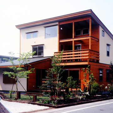 左官壁とカラマツ板を外壁に用いた外観