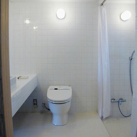 トイレとカーテンで仕切ってホテルライクなバスルーム