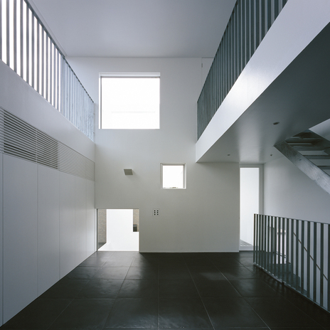 大きめの黒タイルと金属を用いた手すりと階段が、まるで美術館のようなリビングダイニング