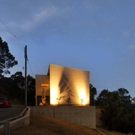 真っ白な外壁をスクリーンに見立てた、植栽の影が芸術的な外観