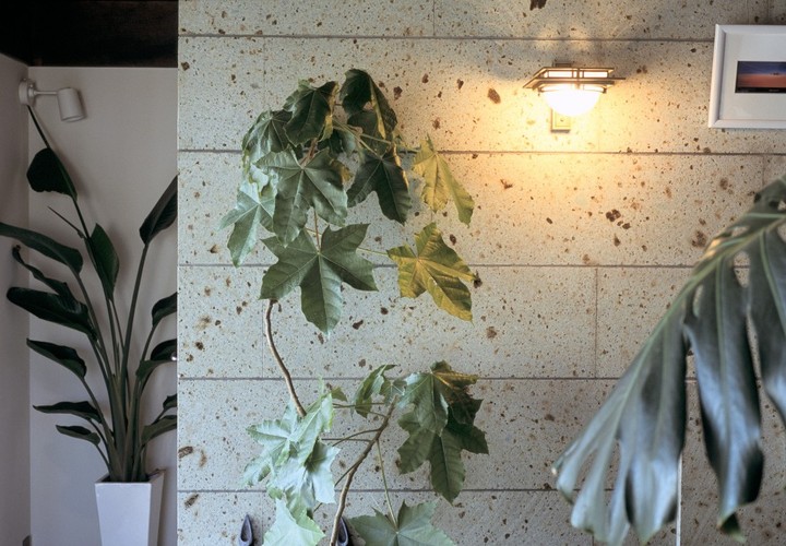 室内にも大谷石を使い外観と繋がりを持たせたデザインに