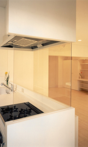 オープンキッチンにガラスのパーティションで料理に集中できすっきりしたデザイン