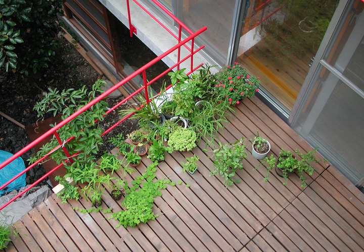 陽が燦々と当たる気持ちの良いウッドデッキのバルコニー