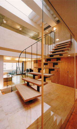 オフィスビル仕様の採光不足も最上階にトップライトを設けて階段ホールから階下まで明るい室内