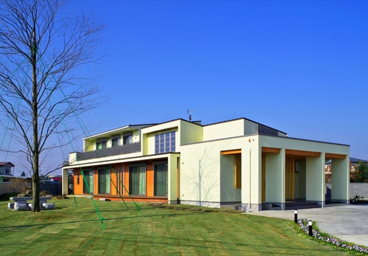 塗壁と杉板張りの外観