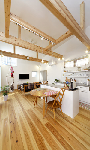 リビングにあるハンモックと、センスのよい雑貨がバランスよく点在するリビングダイニング