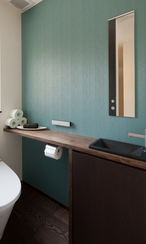 大胆な色使いが品のある大人の空間に仕上げられたトイレ