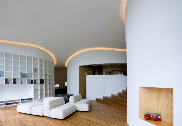 樹幹のような曲面壁に囲まれたリビング