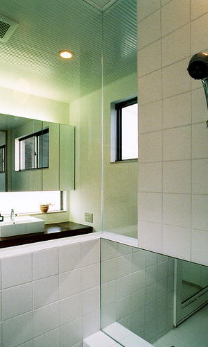 腰高上をガラス張りにし、視覚的な広さを感じさせた浴室