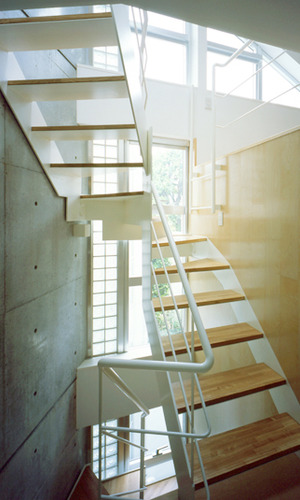 トップライトと背面の全面窓で明るい階段スペース