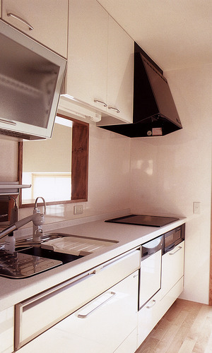 ガラス面を多く使った勝手口ドアから、明るい光が清潔なキッチンに入り込む