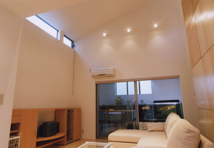 屋根の勾配を利用し天井高をめいいっぱい高くした、気持ちのよいリビング