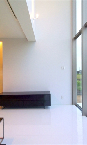 吹抜けのカーテンウォールとリビング壁面