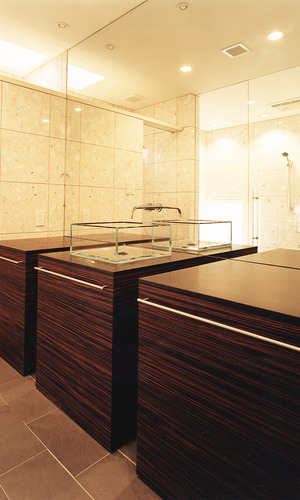 「石」「木」「スチール」の調和がとれた、ホテルのような洗面所