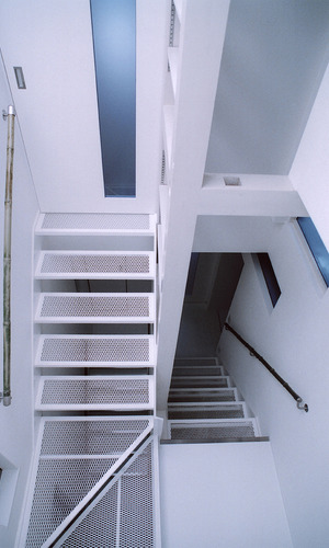 細長い敷地をデザインとして利用した、グレーチングメタルを通して明るい光が溢れる階段周り