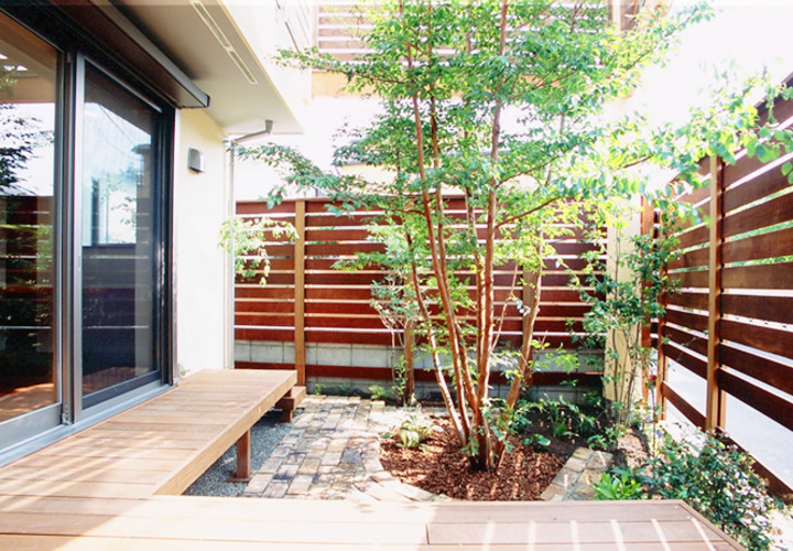 ２階へ伸びるウッドデッキの木