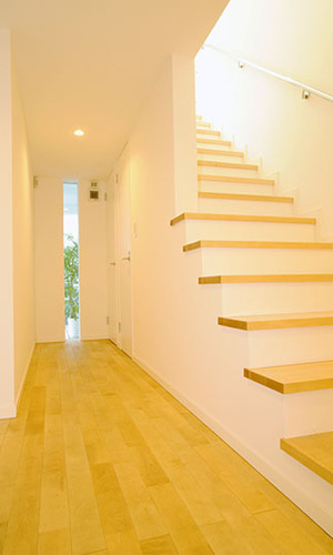 スリットから緑が覗く廊下