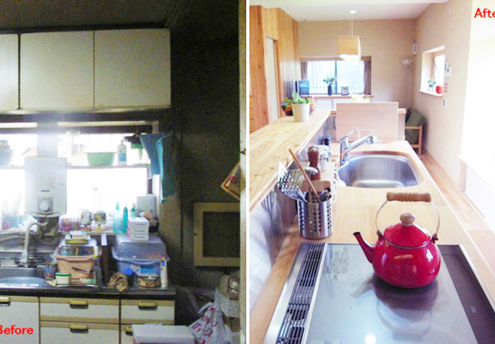 古代ヒノキを再利用したキッチンカウンター