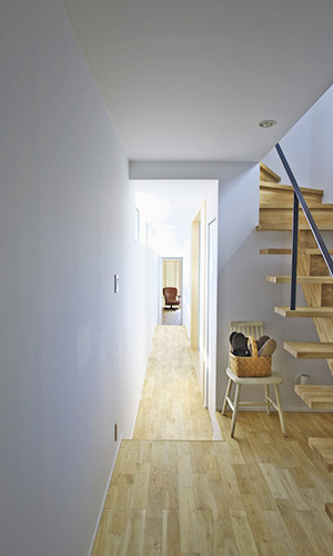 廊下越しに見るLDKへと光が通り抜ける