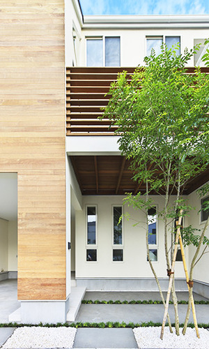 シンボルツリーが彩りを添えるナチュラルな雰囲気の外観