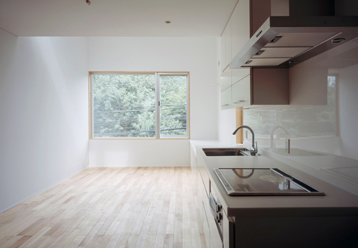 キッチンからリビングダイニングを見る