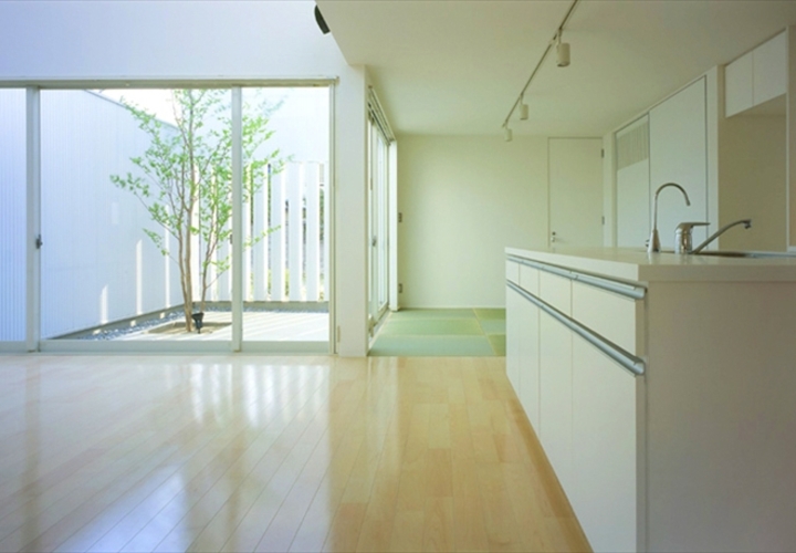 ダイニングより中庭を見る