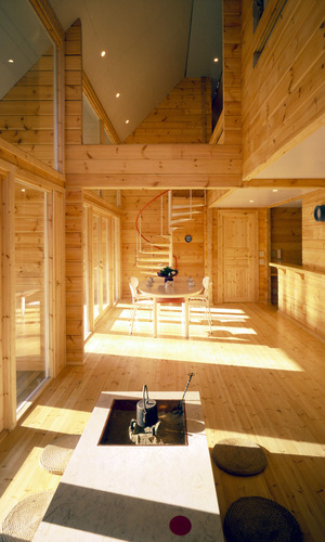 木をふんだんに使ったのログハウス。マシンカット材でモダンに仕上げました