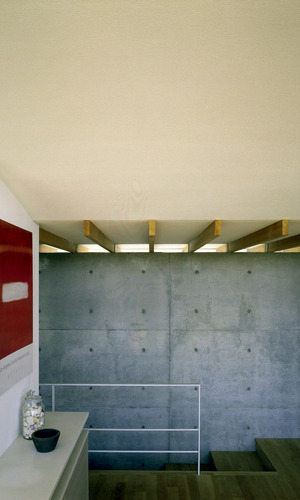 屋根垂木の間をハイサイドの窓にして、空間の光を楽しむ