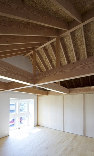 開放感があるロフトのある寝室。