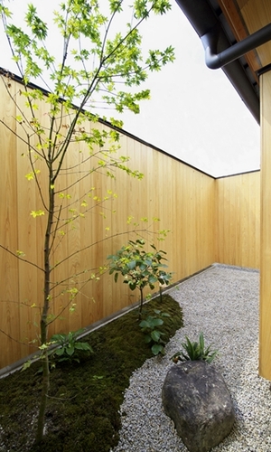 桧の塀で囲まれたバスコートから浴室と洗面へ季節を採り込む。