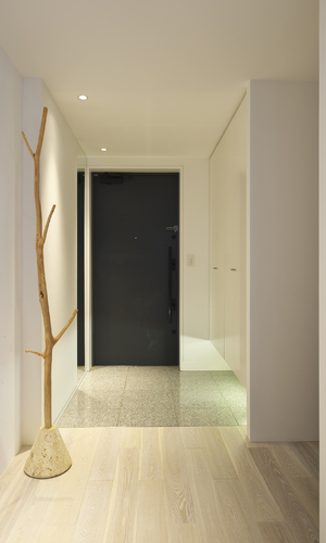 既存のドアと下足収納が違和感なく調和した玄関ホール