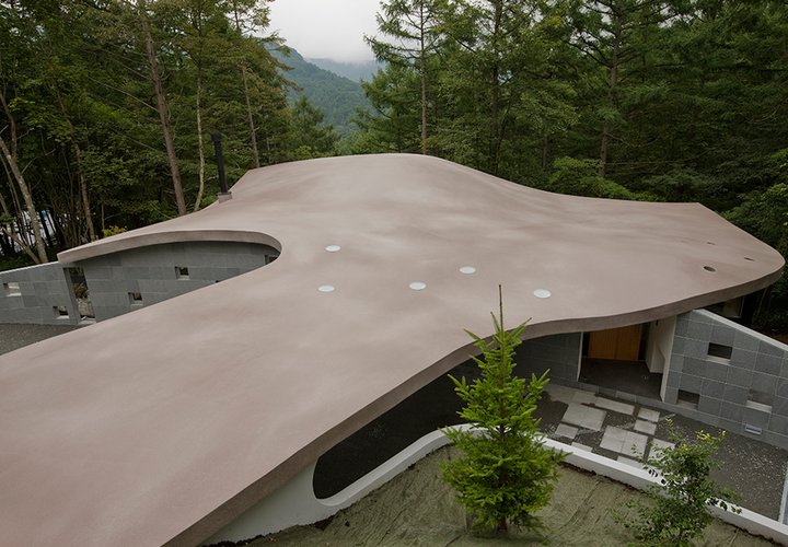 コンクリート屋根を敷地上部より見おろす