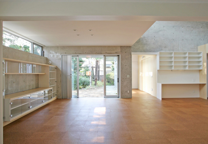 玄関土間からリビングを通して庭を見る