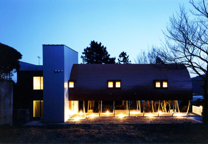 北側よりライトアップされた外観